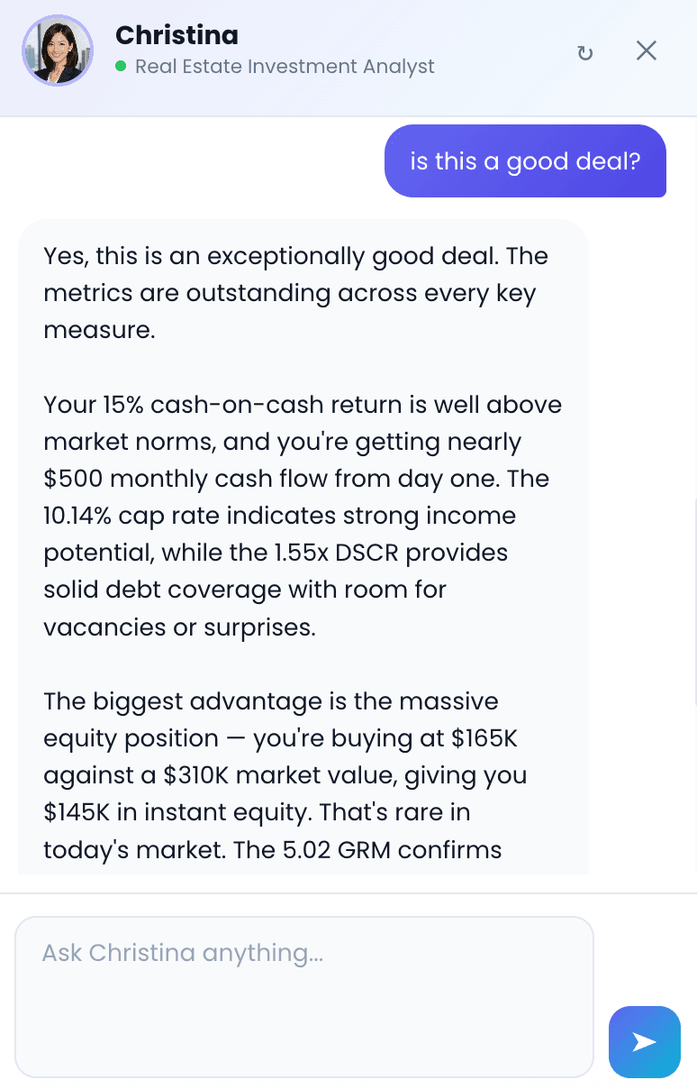 AI Chat showing a conversational deal analysis with the Sr. Real Estate Investment Analyst