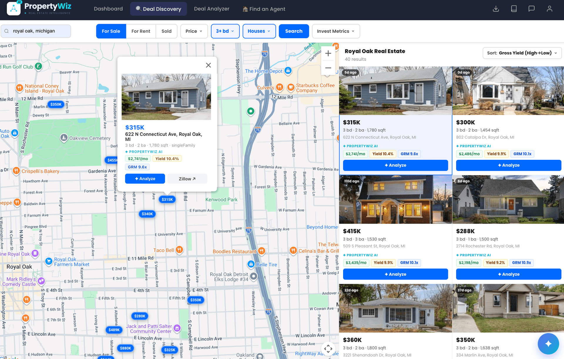 Deal Discovery map showing property listings with investment metrics