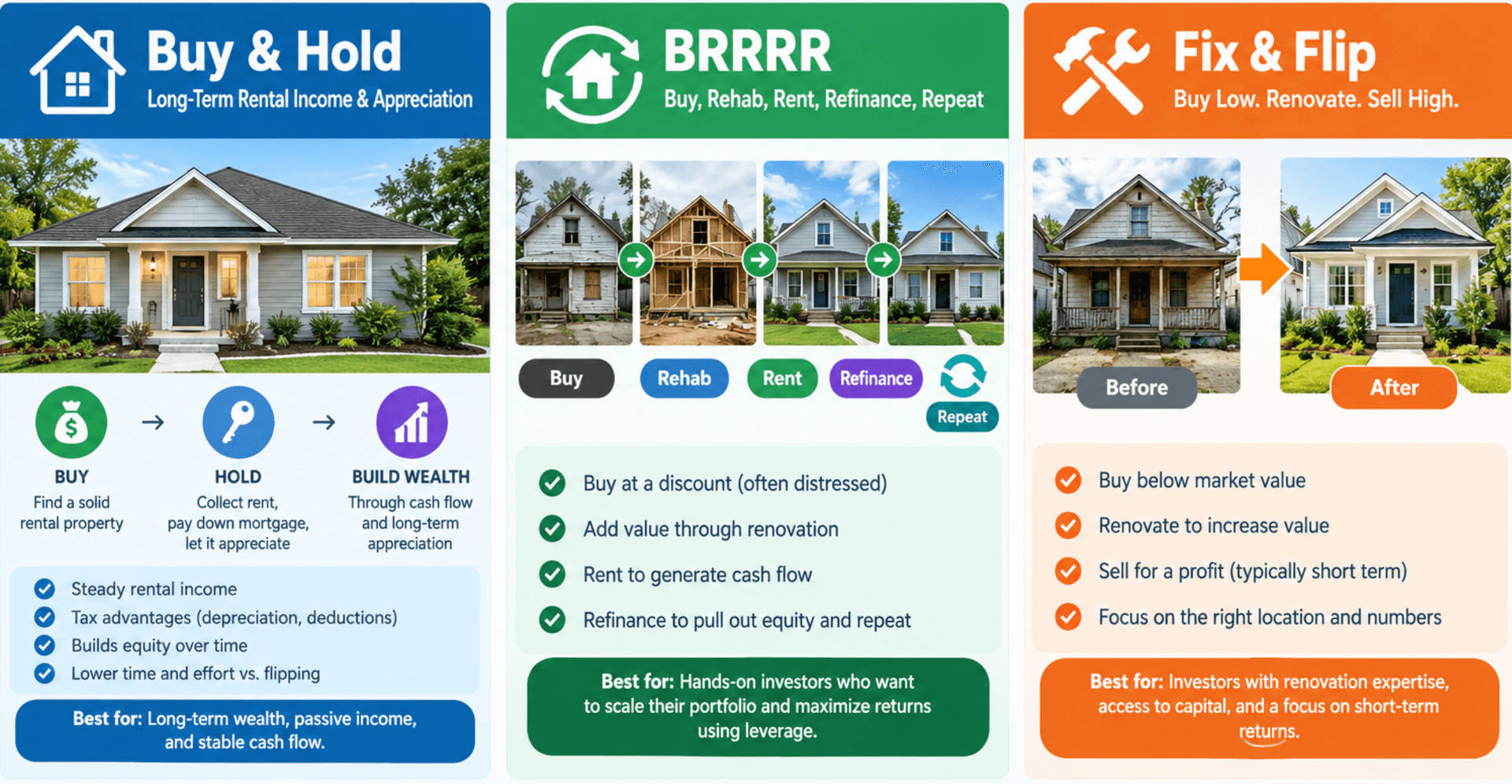 Side-by-side comparison of the three investment strategies — Buy & Hold for long-term rental income, BRRRR for buy, rehab, rent, refinance and repeat, and Fix & Flip for buy low, renovate, sell high — each with its steps, key benefits, and who it suits best